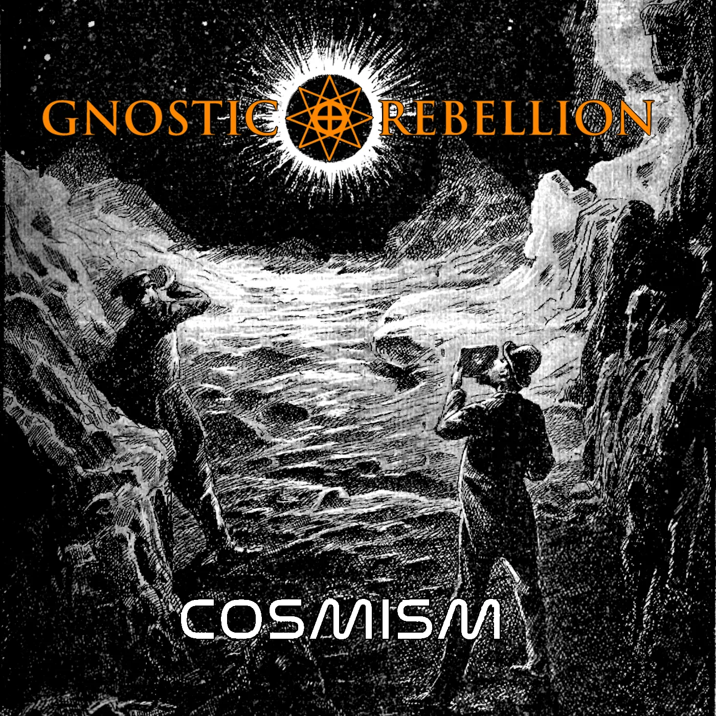 Cosmism artwork: an engraving of two figures in a rocky pass, looking up at a solar eclipse.