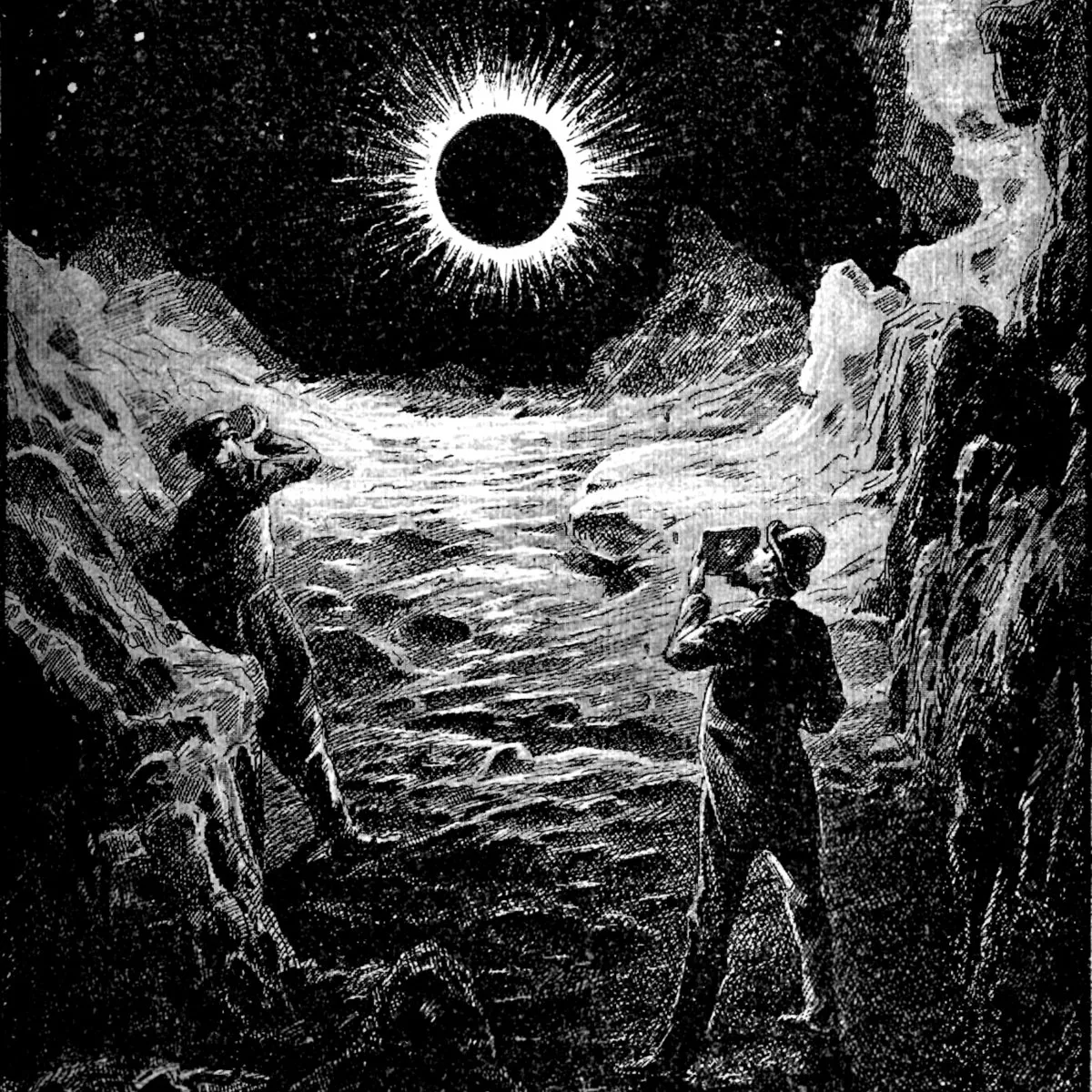 Cosmism artwork: an engraving of two figures in a rocky pass, looking up at a solar eclipse.
