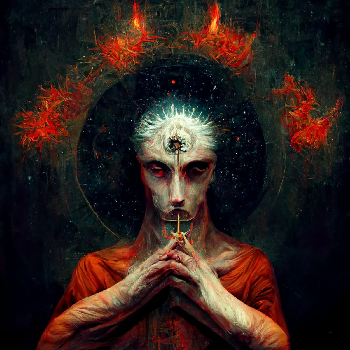 Debut album artwork: a painted figure in an orange robe, hands clasped, a mark on the forehead, set against a dark halo.