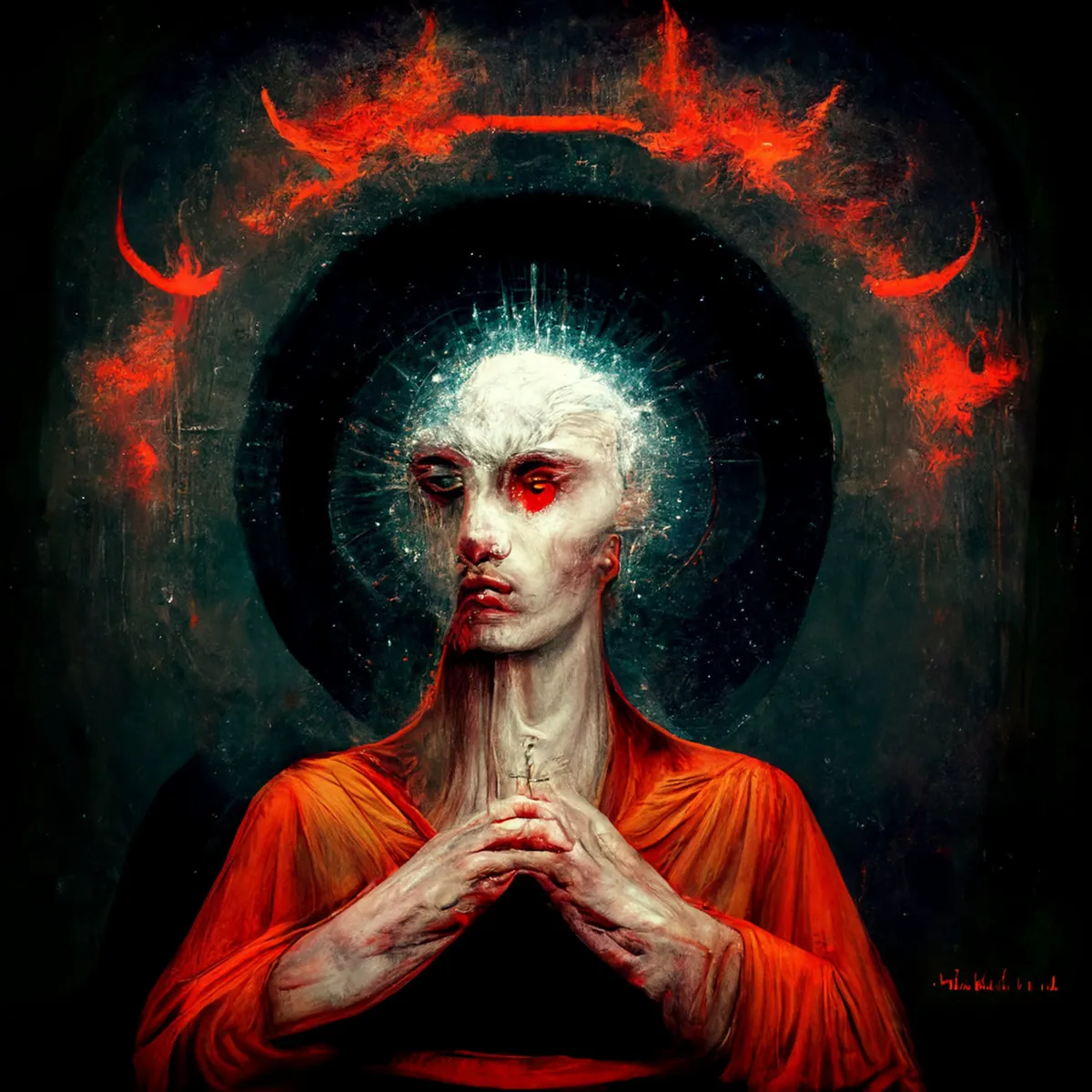 Nag Hammadi artwork: a painted figure in an orange robe, hands clasped around a small cross, one eye glowing red.